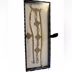 Catherine Malandrino Rhinestones gold plated clover 3 bracelet  set  7.5 Inch